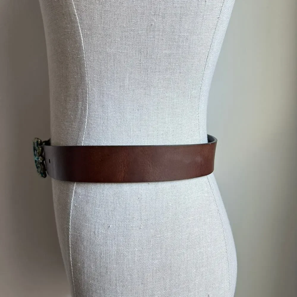 Y2K Brown Leather Belt Floral Rhinestone Buckle Blue Green Western Boho USA